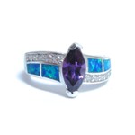 Blue Fire Opal with Amethyst Marquise and CZs Ring